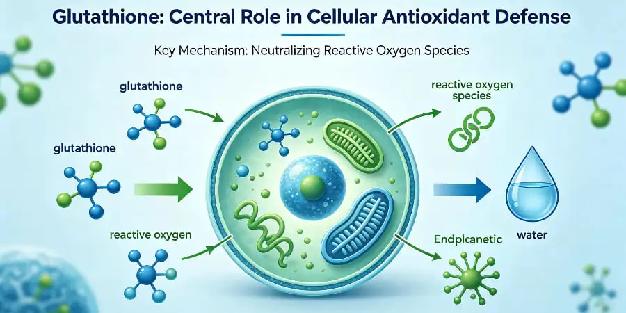 Glutathione plays a central role in cellular antioxidant defense